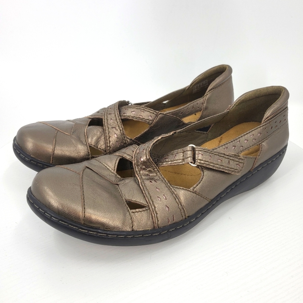 Clarks NARROW Bendables Ashland Spin Q Comfort Shoes Pewter Metallic Leather 12N